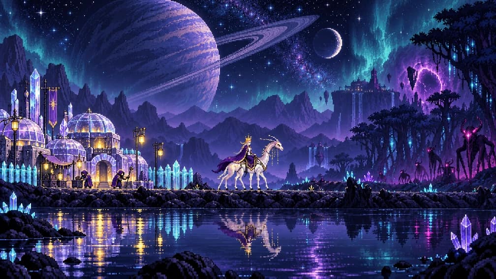 A crowned queen and alien steed beside a crystalline settlement beneath a ringed planet