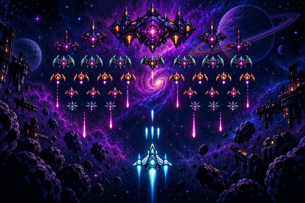 A cyan starfighter faces glowing alien ships in a purple pixel cosmos
