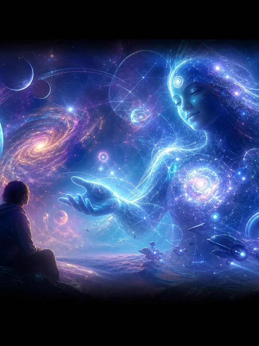 Sally AI cosmic assistant with starfield and violet glow